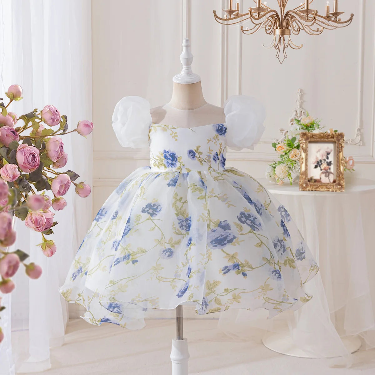 HETISO Girls Floral Chiffon Dress Korean Style Casual Birthday Gown White One-piece Summer Dress for Kids 2-10 Years
