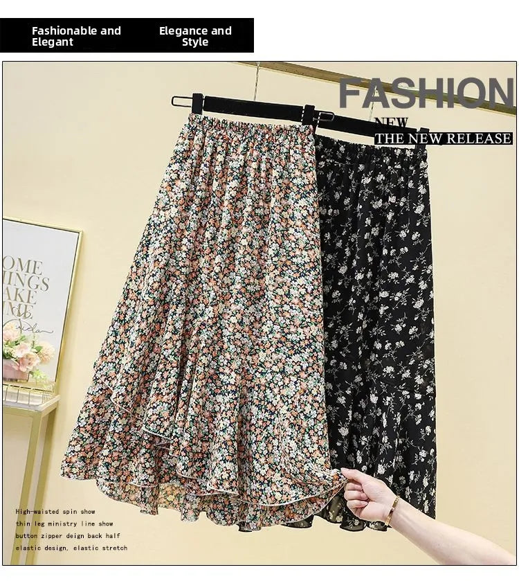 High Waist A-Line Floral Print Skirt Conceals Hip plus Size Women's Casual Long Skirt Comfortable Polyester Fabric Summer New...