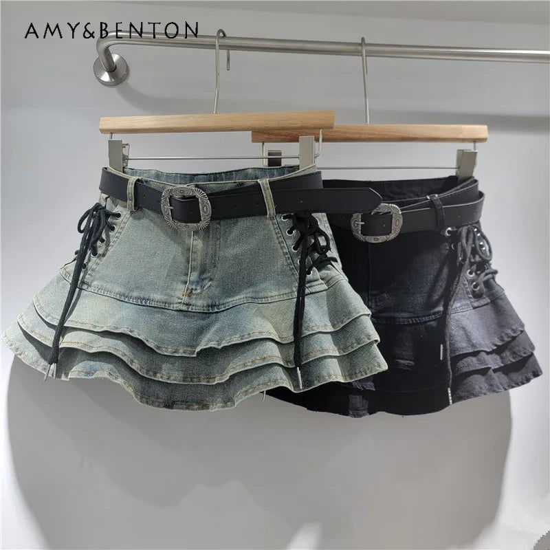 Women's Summer American Retro Style Y2K Short Denim Skirt Self-Tie Bow Sash High Rise Flattering A-Line Tier Cake Mini Skirts