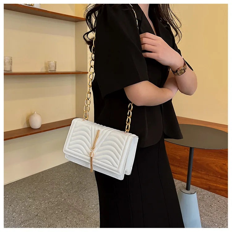 Brand Designer PU Striped Women's Shoulder Bag Fashion Tassel Chain Crossbody Bag Small flap Handbag  2023 Trend