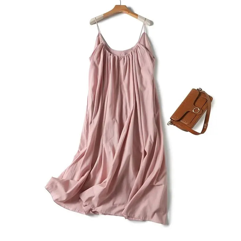 Dave&Di Summer Dress Women Vestidos French Minimalist Pink Suspenders Dress Pleated Fashion Linen Sexy Elegant Midi Dress