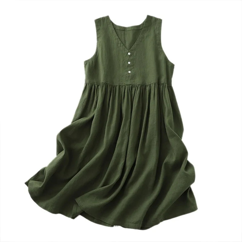 2026 New Women'S'S Cotton Linen Sleeveless Dress Casual V Neck Button Down Loose Midi Dresses For Summer Women'S'S Casual Dresses