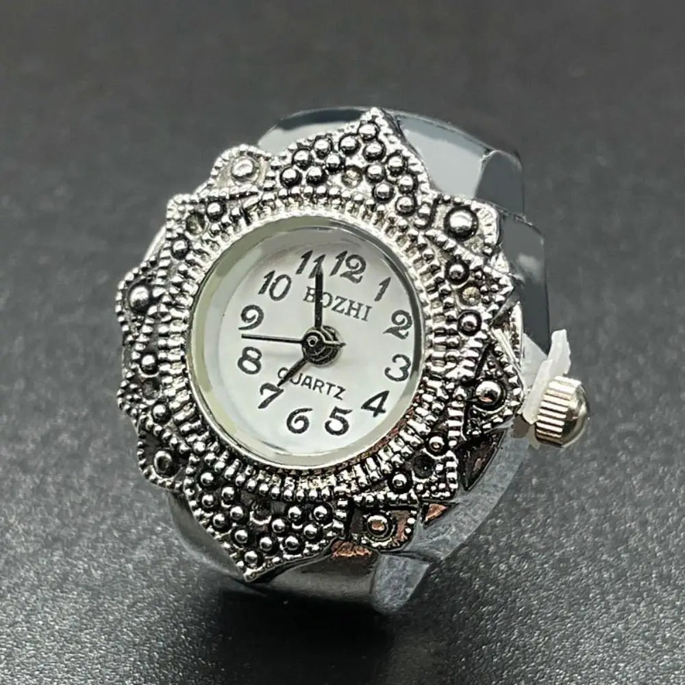 Finger Ring Watch For Couples Vintage Punk Heart Shape Quartz Clock With Adjustable Elastic Strap