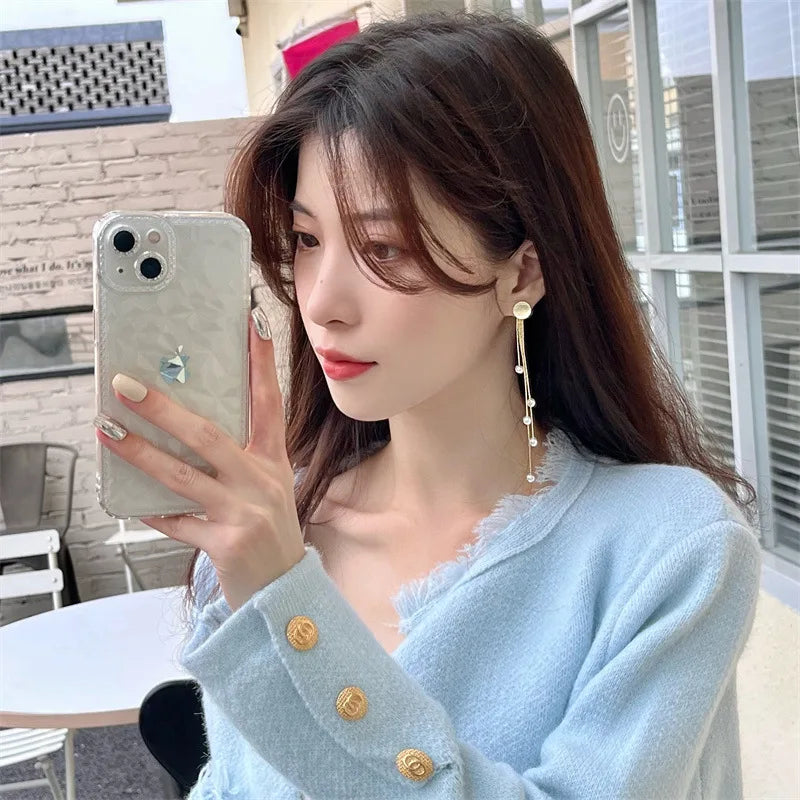 Korean Fashion Style Pearl Long Tassel Clip on Earrings for Women Simple Temperament Long Chain Non-piercing Ears Clip Earrings