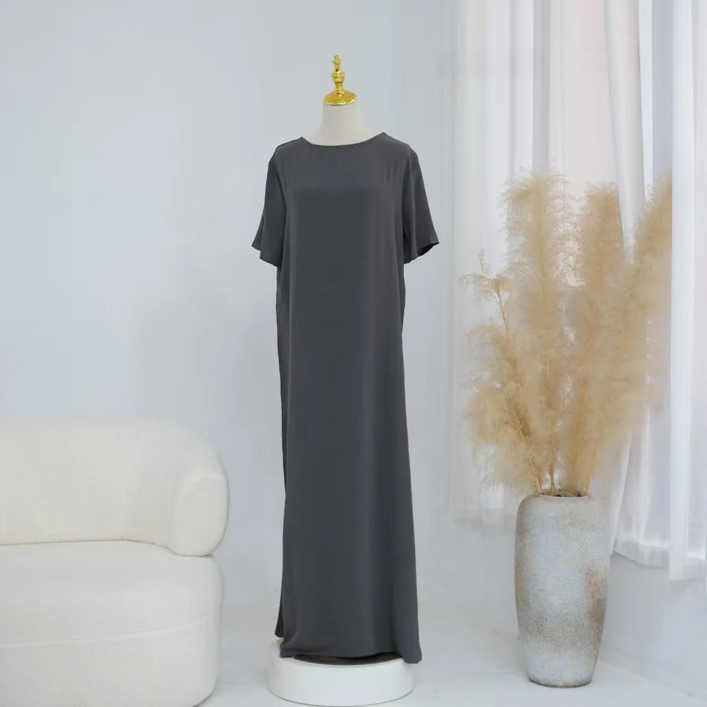 Fashionable  Color round Neck Short Sleeve Long Dress Inner Wear Dress Ethnic Style New Arrival High Waist Polyester Fabric