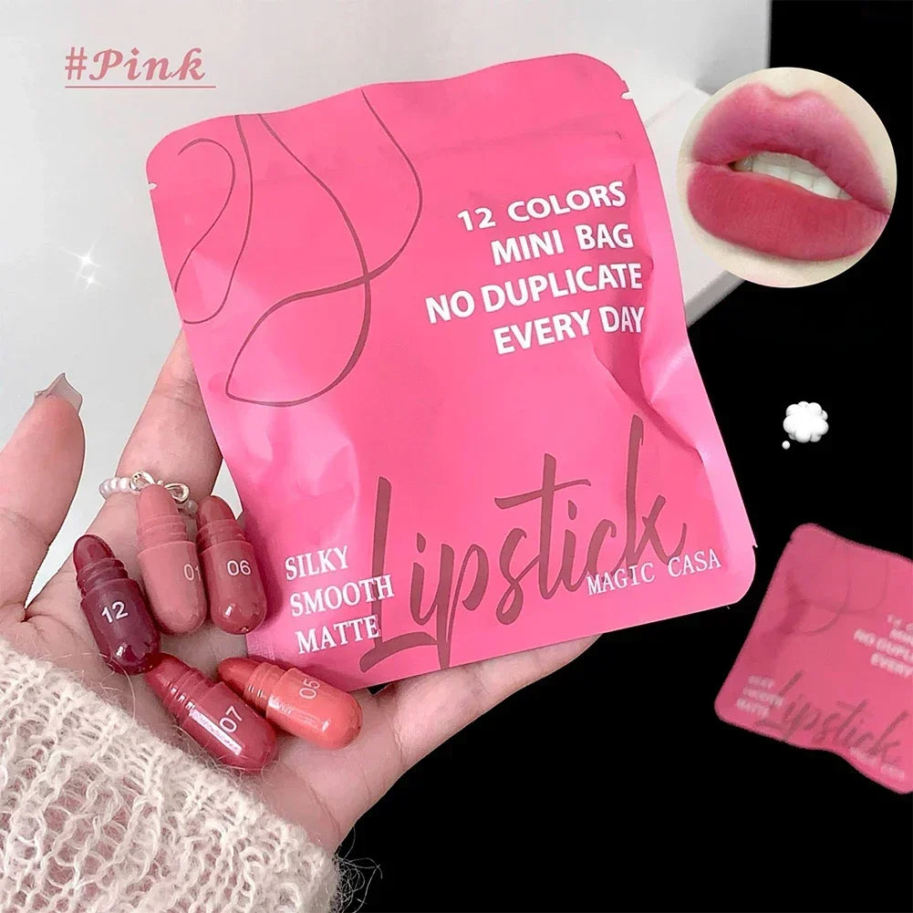 Matte Lipstick Capsule Set 12 Colors Long Lasting Non Fading Perfect Women Gift for Festival Makeup Lip Balm