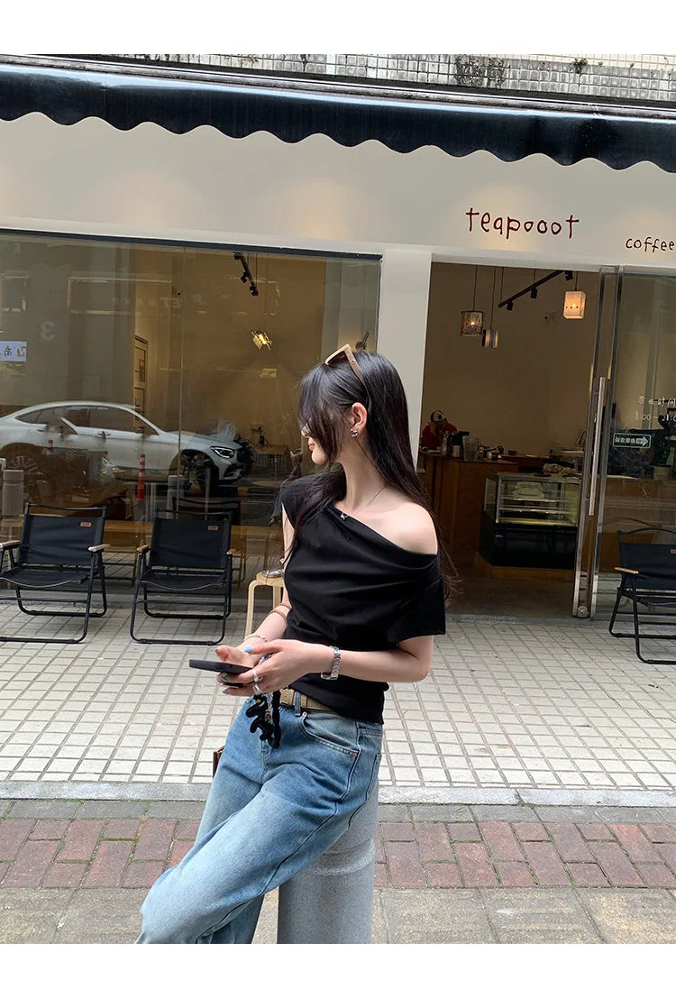 Slim Fit Short Sleeve T-Shirt Women Summer New Style Shoulder Bared Neckline Gathered Waist Elastic Band Casual Style Top