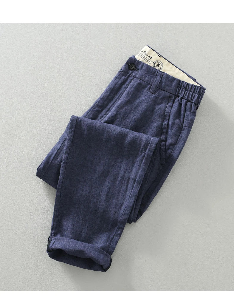 2025 Summer New Breathable Pure Linen Casual Pants for Men Clothing Slim Streetwear Men Ankle-length Pants EC1333