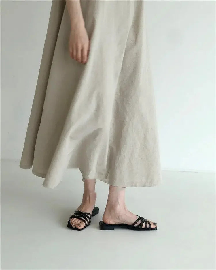 Korean Fashion Women Dress Casual Round Neck Loose Solid Color Casual Big Swing Sleeveless Long Linen Lazy Style Vestidos