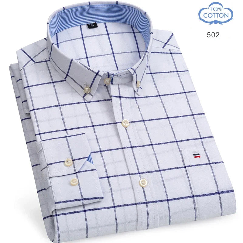 100 Percent Cotton Oxford Shirt For Men Long Sleeve Plaid Pattern Business Office Wear Smart Casual