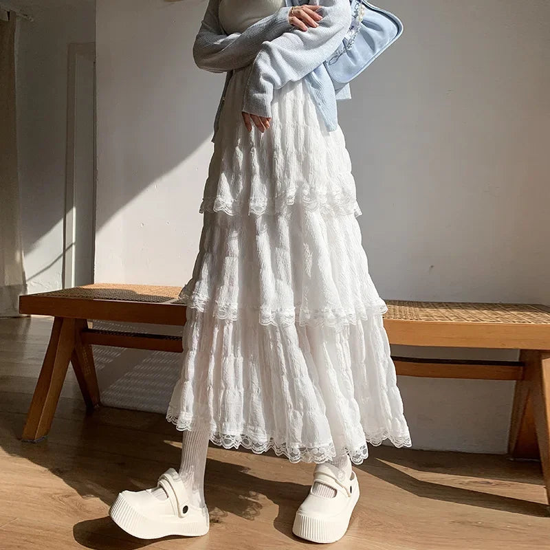 Sweet Lace Ruffles Long Skirt Women Summer Cute Puff Cake A Line Skirt Woman Korean Style High Waist White Chiffon Tulle Skirt