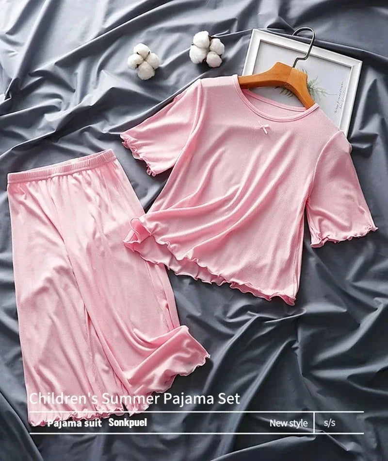 Sonkpuel Girls' 2-Piece Ice Silk Pajama Set - Short Sleeve Casual
