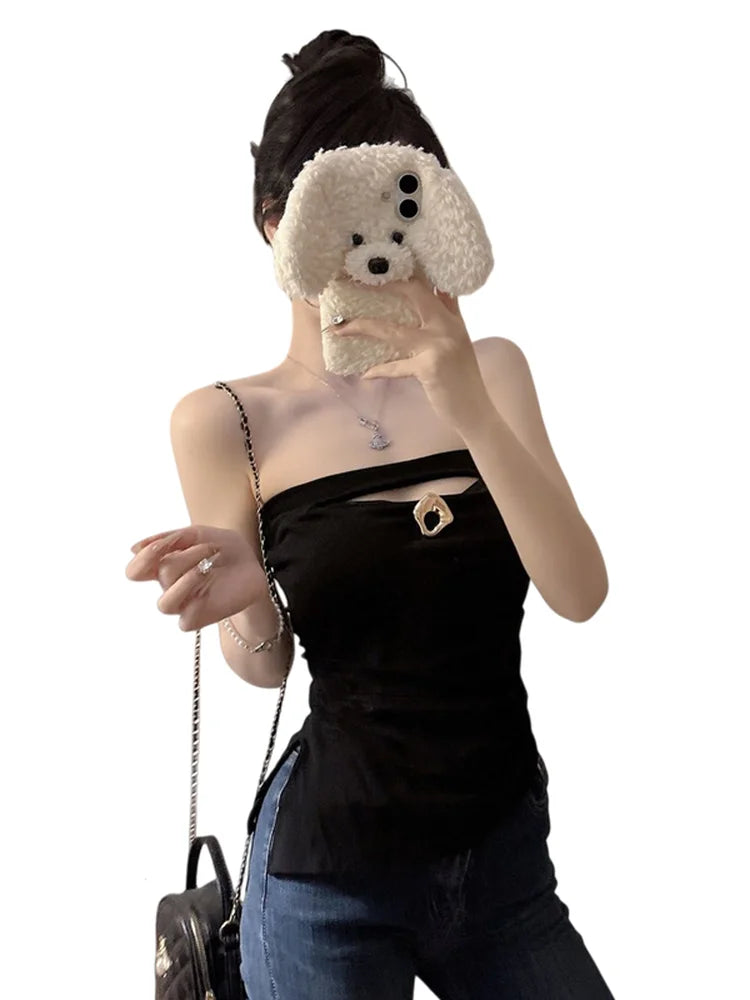 Sexy Slimming Red One-Shoulder Tube Top Women's Summer Fitted Hollow out Chest Pad Korean Style Thin T-Shirt Vest