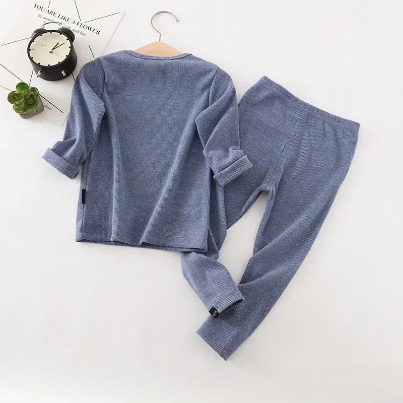 Kids Unisex Ribbed Cotton Pajama Set - Long Sleeve Pullover & Pants