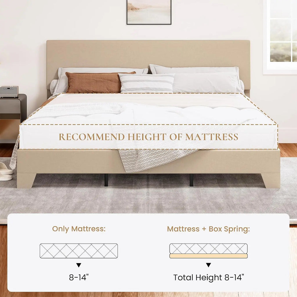 Linen Upholstered King Size Bed Frame with Headboard, Beige