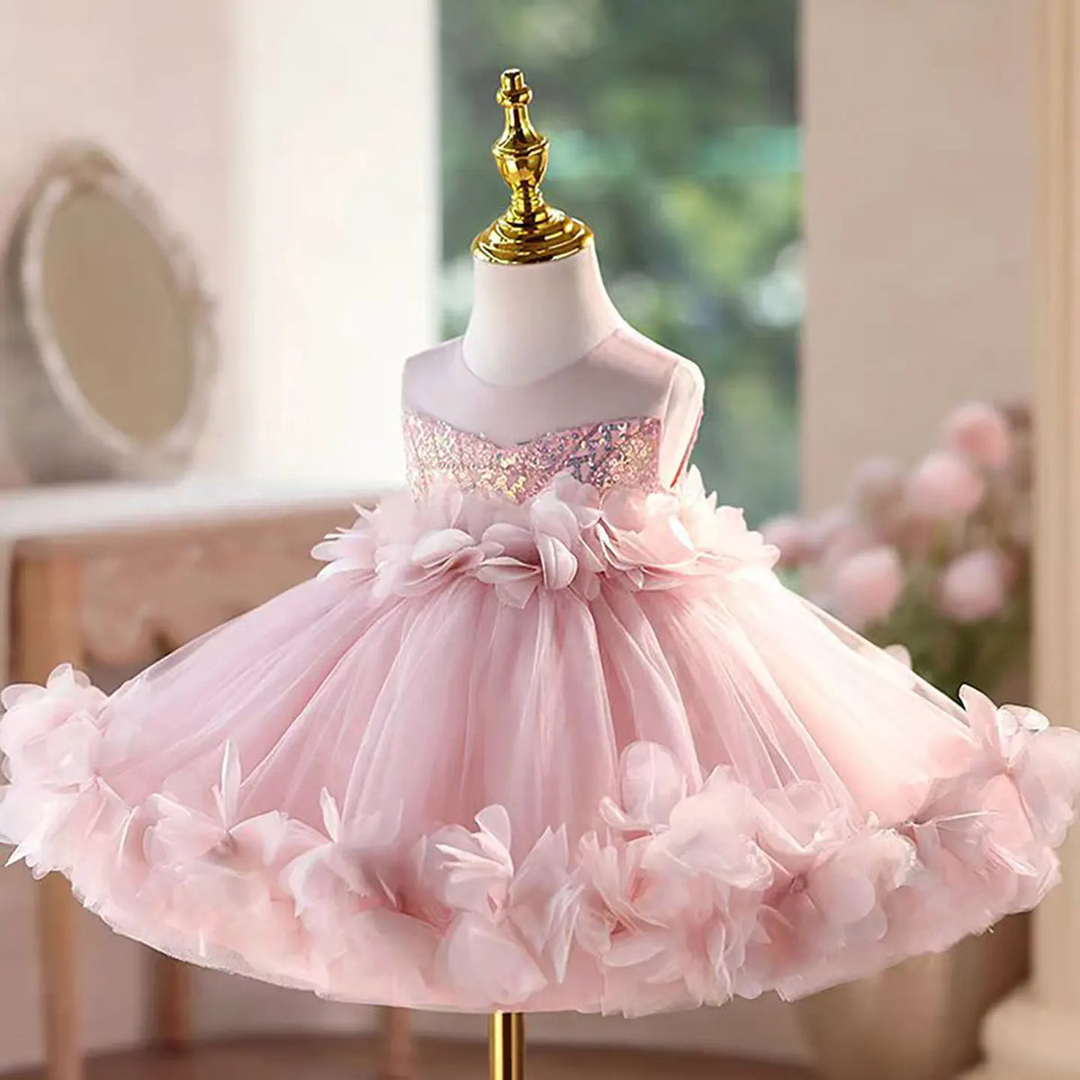 Dreamy Vow D094 Sleeveless Floral Pink Girls Dress Sequined Tulle Children Celebration Party Spring and Summer Mini Prom Dress