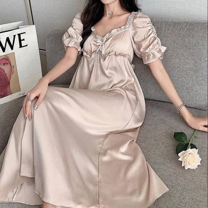 Satin Long Nightgown Women Sweet Lovely French Sleepwear Retro Silk Short Sleeve Sleepshirt Ladies Fashion Nightdress Home Dress