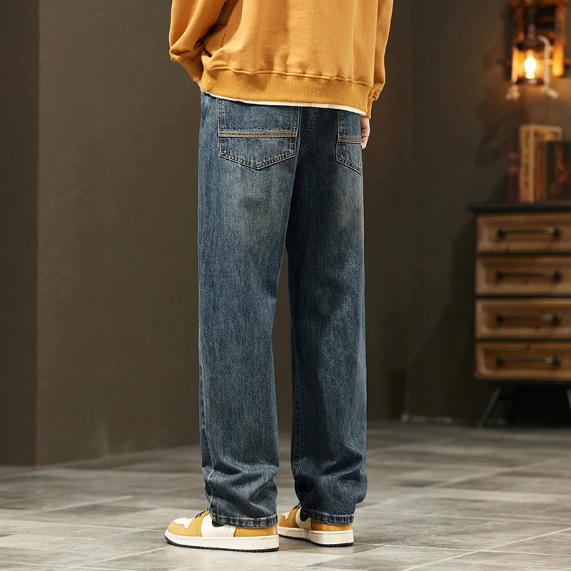 Winter Jeans Warm Fleece Thick Men's Wide Legs Denim Pants Fashion Loose Straight Retro Plush Velvet Casual Trousers Streetwear