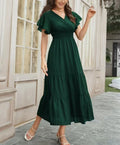 Elegant Women's Summer Casual Solid Color Long Dress Fashion Holiday Sexy V Neck Pleated Short Sleeve Maxi Dresses Vestido