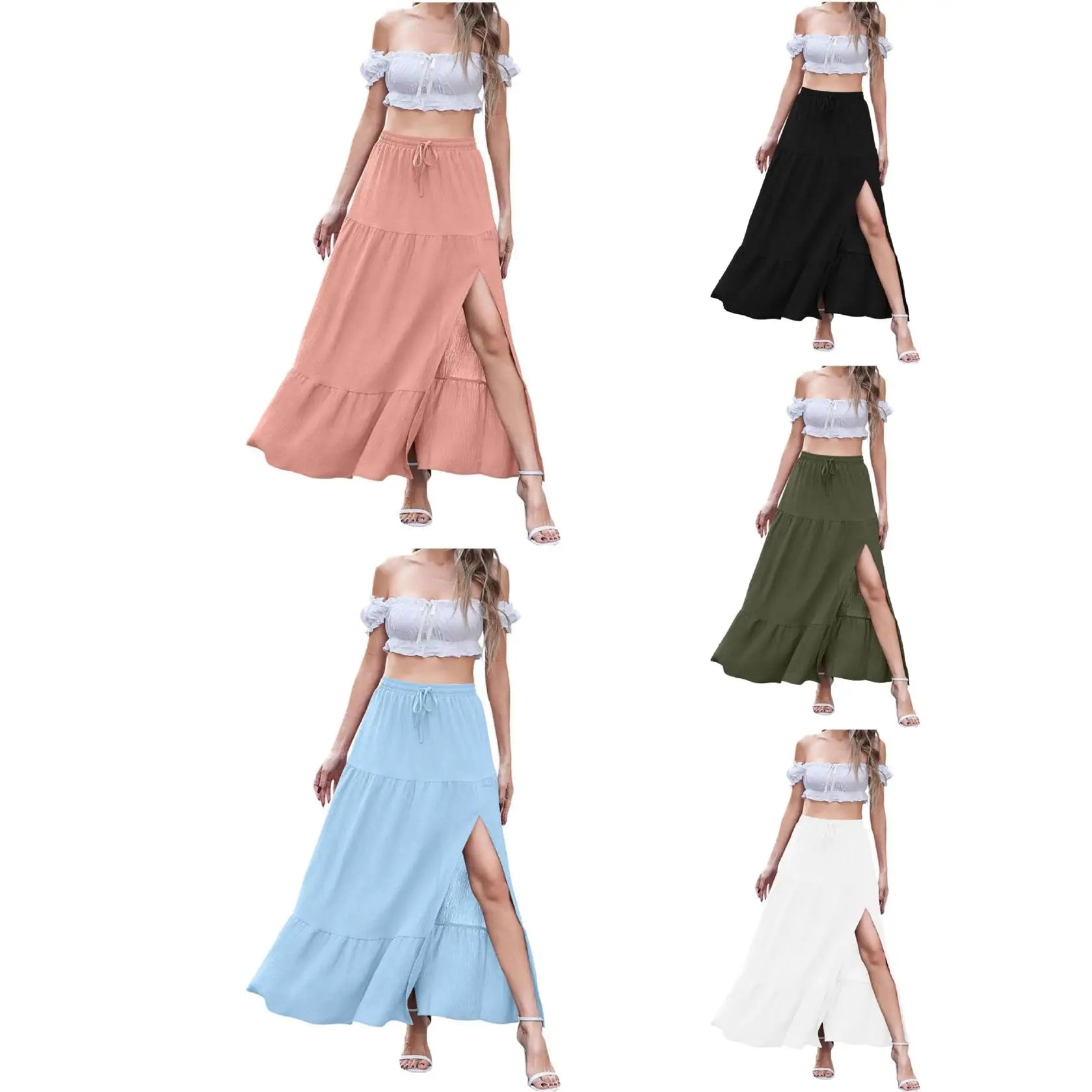 Bohemian Pure Color Side Slit  Skirt Women's Fashion Summer New Arrival Cross-Border mid Waist H-Shape PVC Fabric Skirt