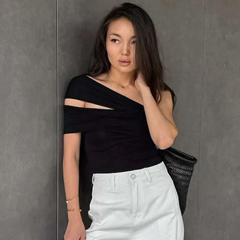 Trendix Black Bodycon Crop Tops For Women's 2026 Summer Off Shoulder Tank Top Street Slim Party Sexy Asymmetric Vacation Top