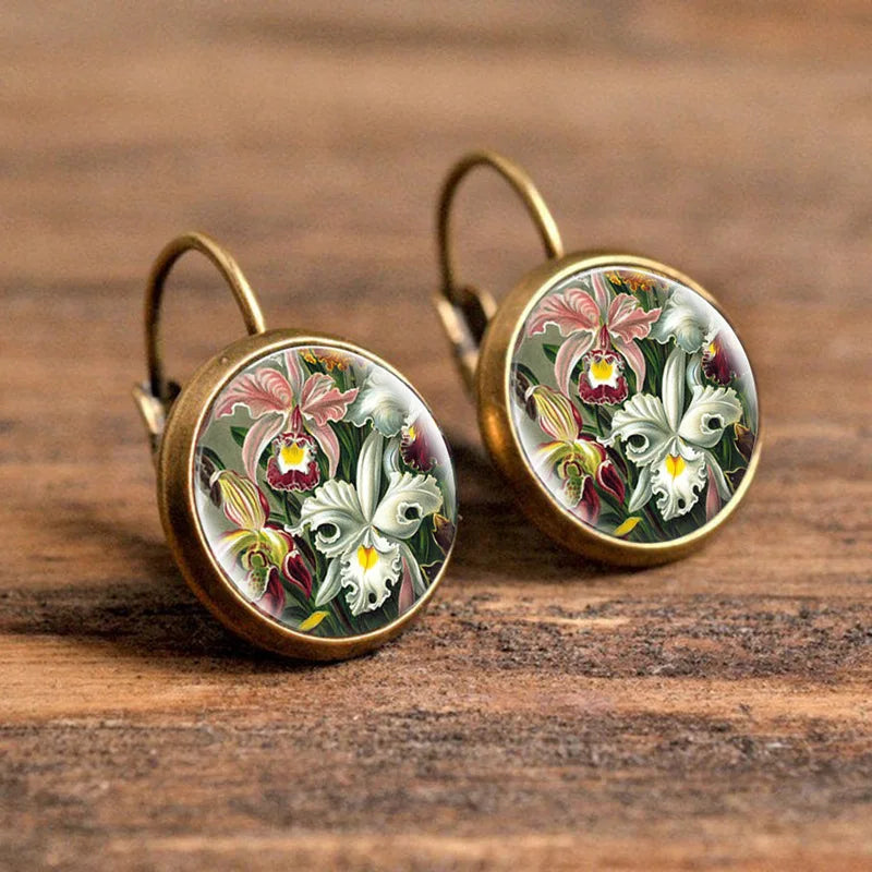 Hot Selling Pop Jewelry Dome Glass Alloy Earrings Flower Painting Noble Fashion