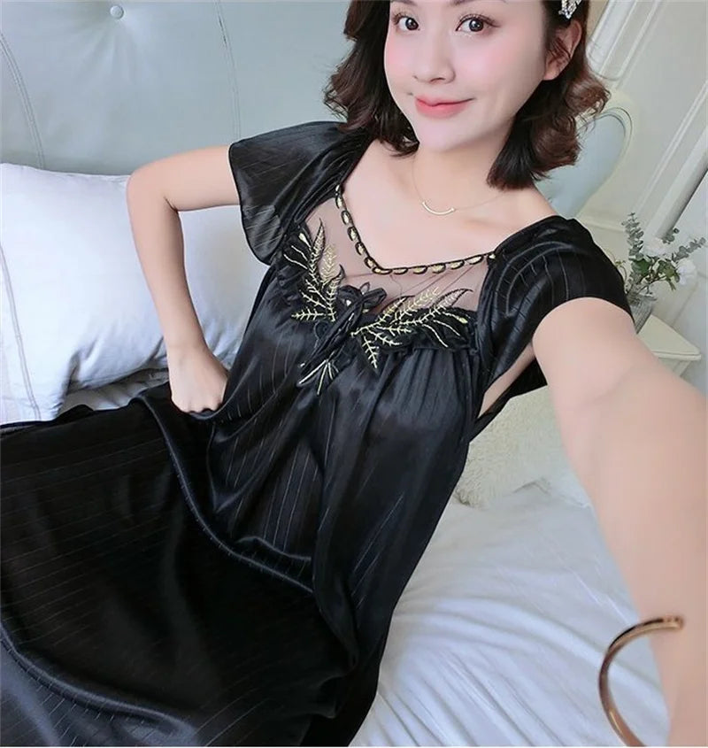 Ladies Ice Silk Nightgowns Sleeping Dress Medium Length Short Sleeve Nightdress Sexy Sleepwear Home Wear Loungewear Pyjama Femme