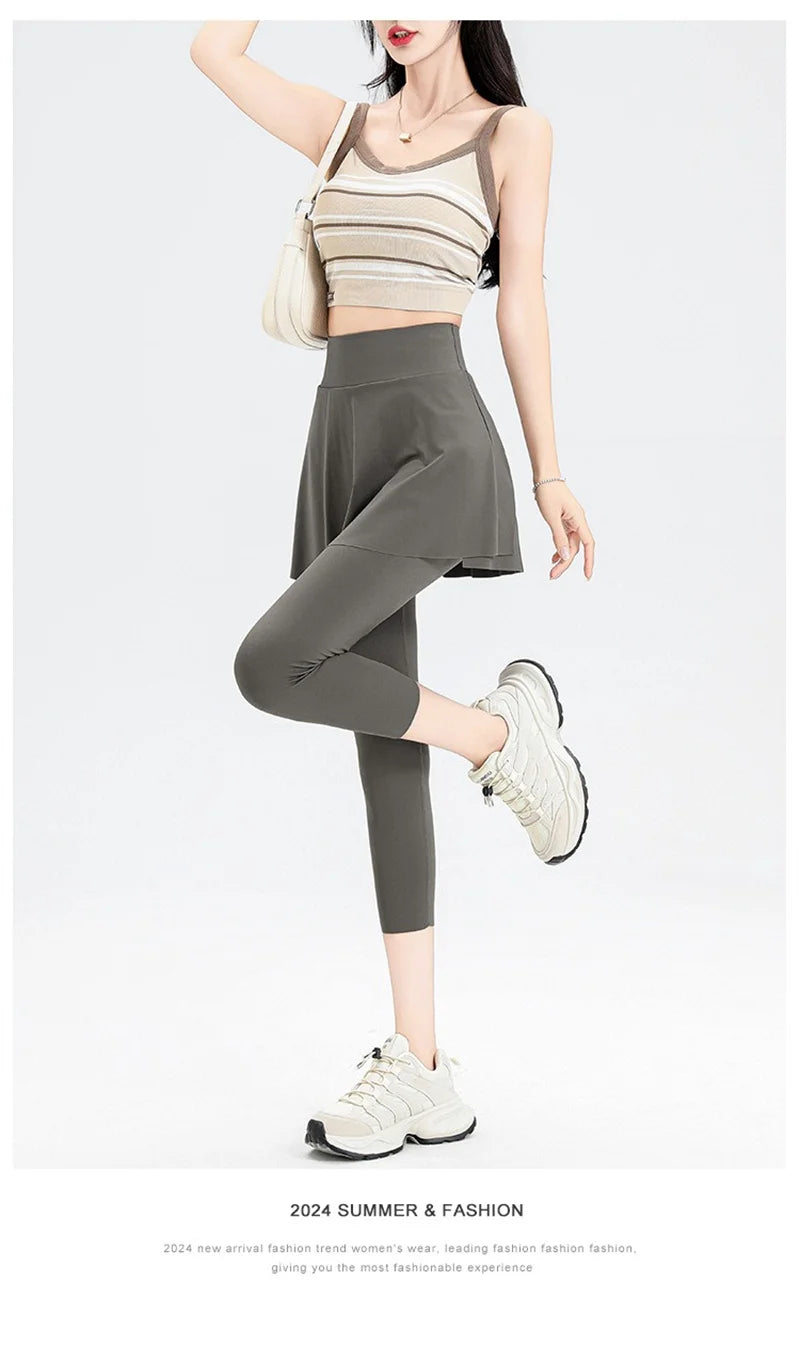 Aiithuug with Pocket Women Tennis Skirted Leggings Capris Yoga Leggings with Skirts Tennis Pickleball Clothing Cropped Leggings