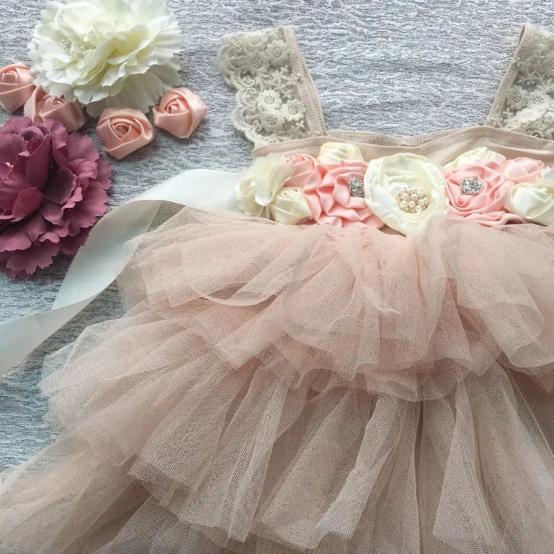 Flower Girl Lace Tulle Dress Elegant Princess Weddings Birthday Party Costumes for 3m To 7y Girls Baptism Festival Ball Gown