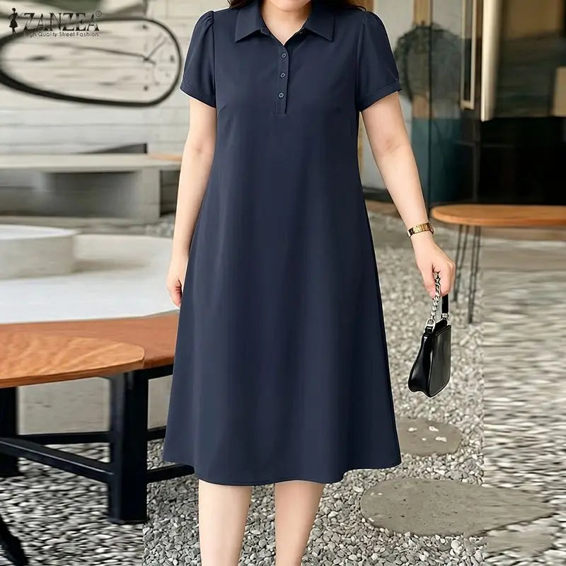 Women Casual Midi Shirt Dress Turn-Down Collar Half Button Short Sleeve Solid Color Dresses ZANZEA Summer Commute Wear Vestidos