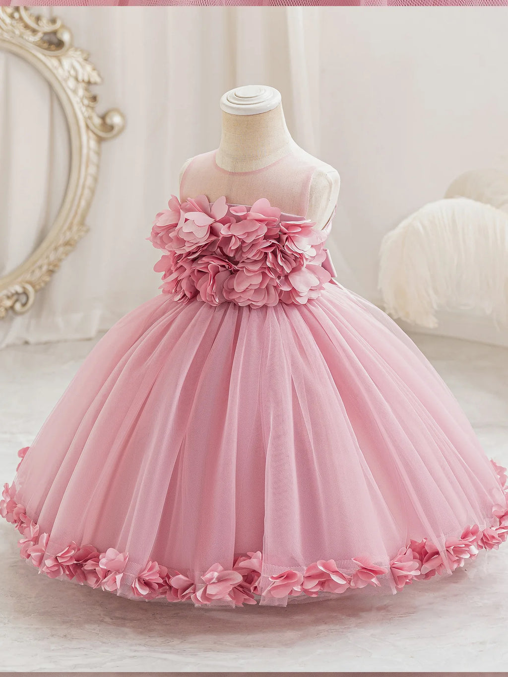 HETISO Summer Children Girls Petals Princess Dress Kids Flower Mesh Costumes Gown for New Year Holiday Party 3-10 Years