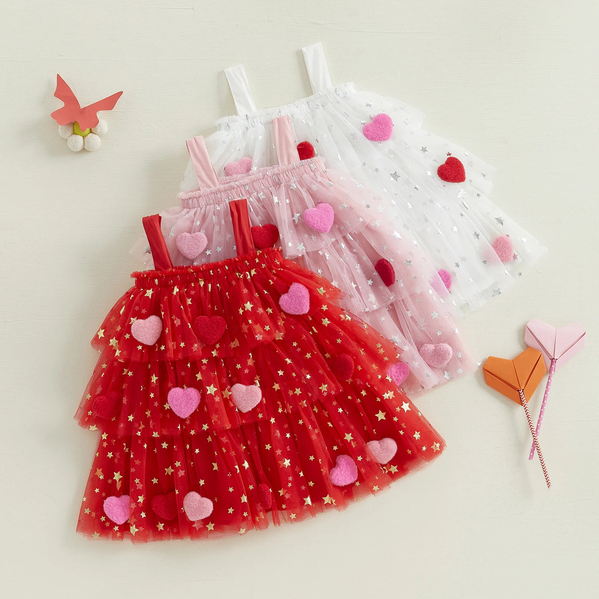 1-9Y Cute Kids Girl Tulle Mesh Lace Dress Bow Front Heart Sleeveless Layered Tulle Dress Plush Heart Ball Cake Dress Costume