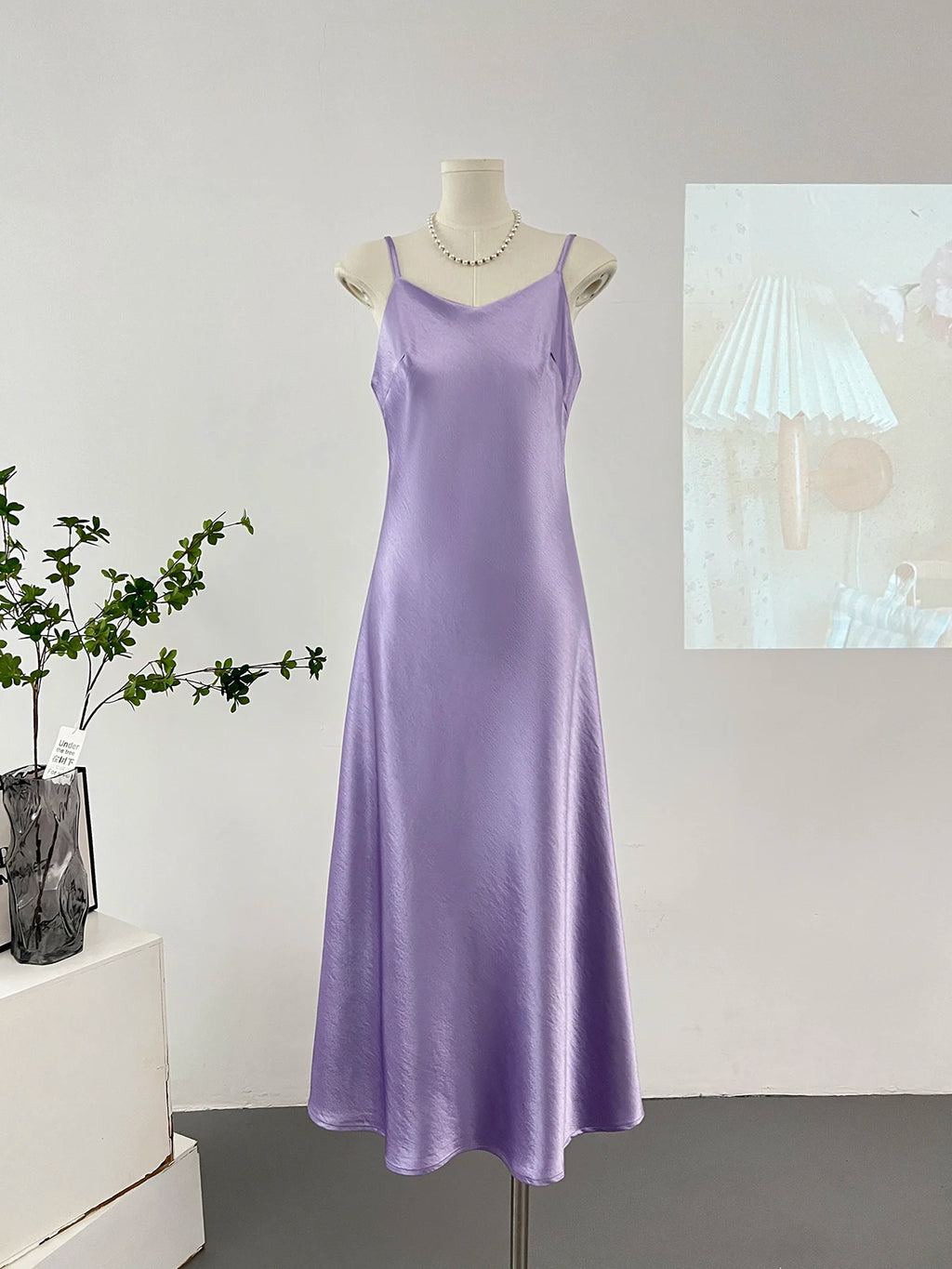Elegant Women Spaghetti Strap Satin Dresses Summer V-Neck Solid Color Thin Sleeveless Long Dress Women A-Line Dress