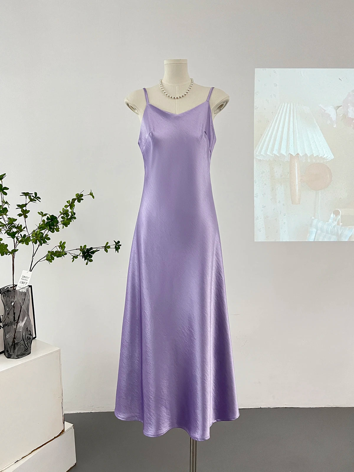 Elegant Women Spaghetti Strap Satin Dresses Summer V-Neck Solid Color Thin Sleeveless Long Dress Women A-Line Dress