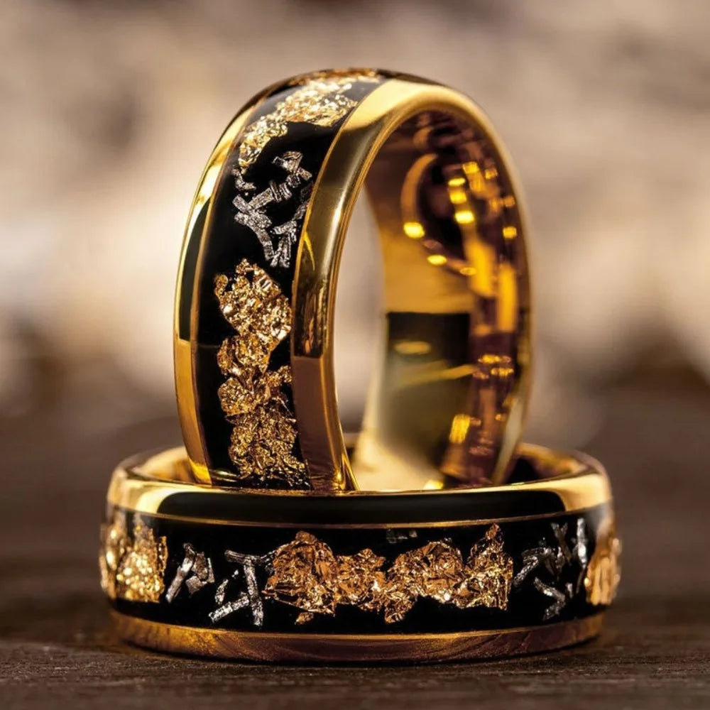 8MM Gold Color Men Stainless Steel Rings Gold Foil Inlay Engagement Wedding Band Jewelry Unique Steel Ring For Gift Wholesale