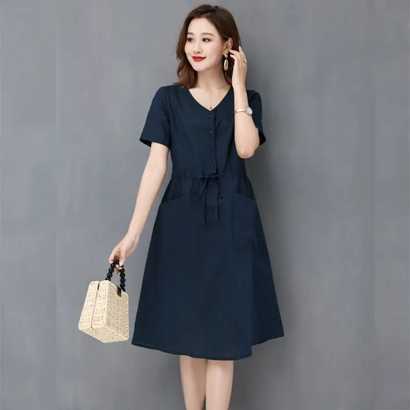 Elegant Cotton and Linen Women's Dress Draw String High Waist Breathable Midi Dresses Half Sleeve V-Neck A-Line Dress Summer