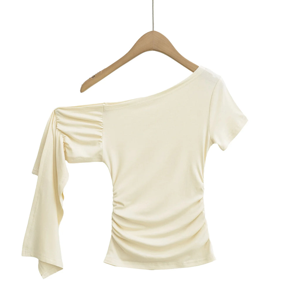 Slim Fit Asymmetric Shoulder T-Shirt Women's Summer Short Sleeve Top with Sash Street Style Sexy Trendy Pure Desire Design