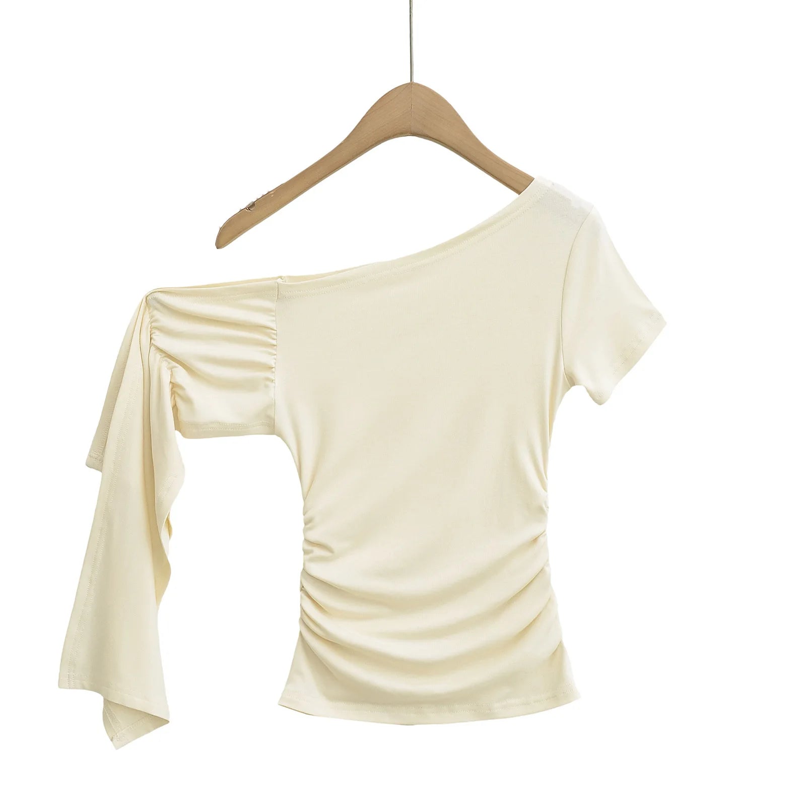 Slim Fit Asymmetric Shoulder T-Shirt Women's Summer Short Sleeve Top with Sash Street Style Sexy Trendy Pure Desire Design