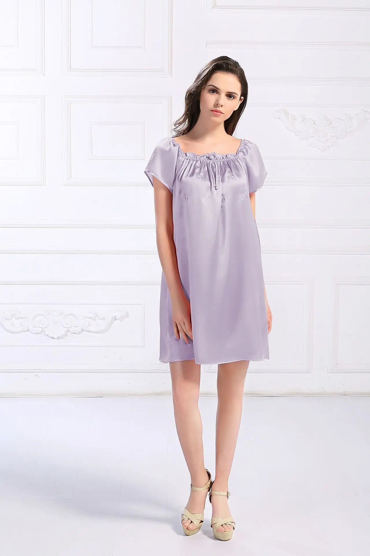 Women's 100% Mulberry Silk Sleep Dress Short Sleeve Summer Spring New Arrival Loose Solid Color Embroidered Doll Sleepwear