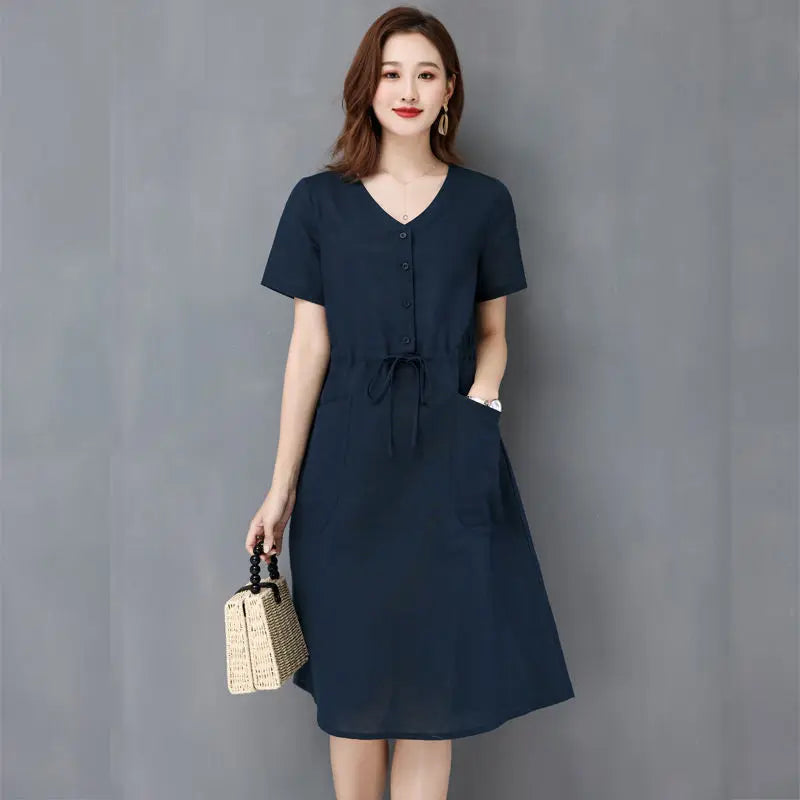Elegant Cotton and Linen Women's Dress Draw String High Waist Breathable Midi Dresses Half Sleeve V-Neck A-Line Dress Summer