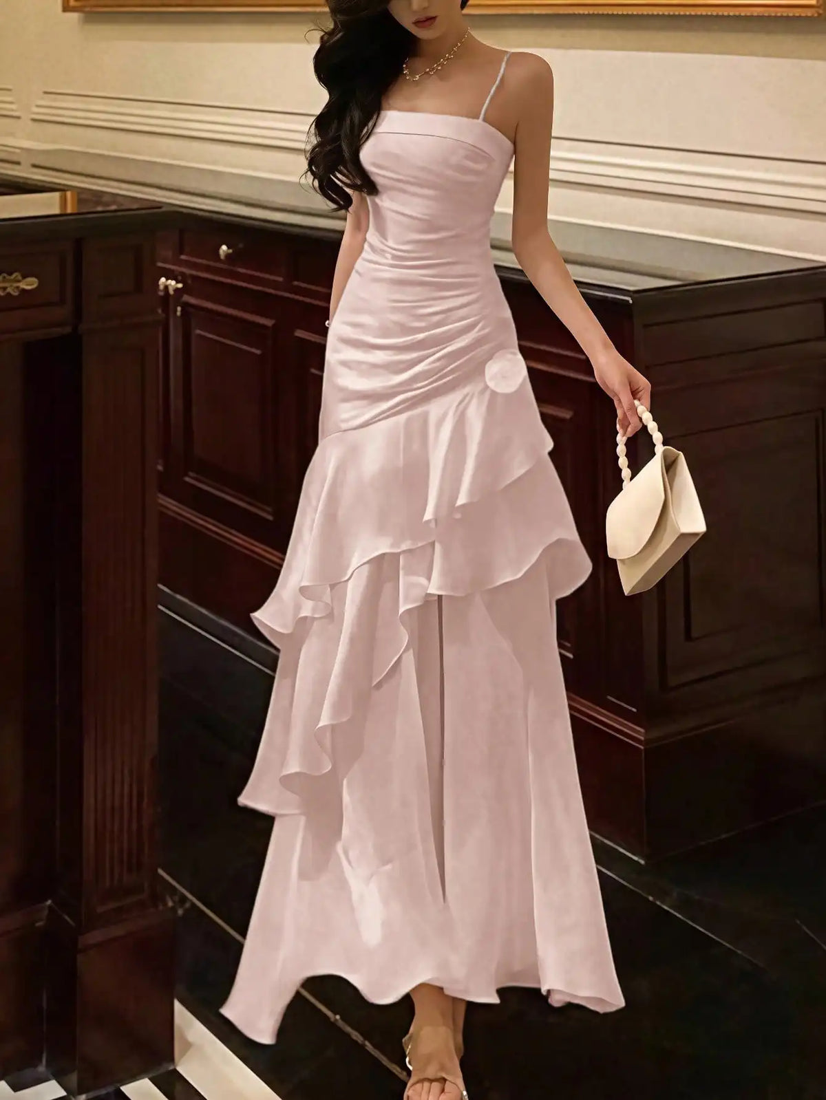 Women's Ruffles Elegant Romantic Spaghetti Straps Dresses Prom Gown Princess Graduation Party Sling DressFestival Formal Clothes