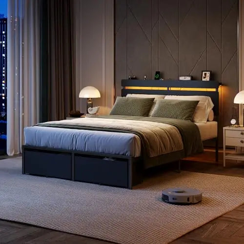Full Size Bed Frame with Wood Headboard,2 Storage Drawers & Shelf | Built-in Charging Station & LED Lights, Metal