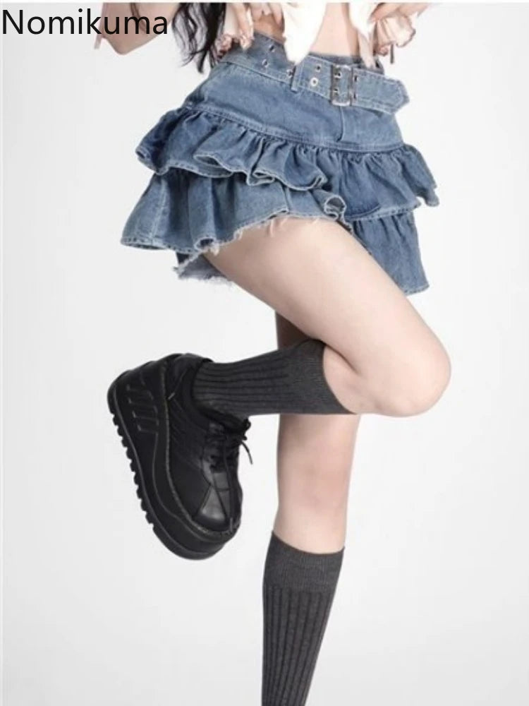 Sweet Denim Skirts Women 2025 Faldas Mujer De Moda High Waist A-line Ruffles Jupe Fashion Korean Saia Casual Summer Mini Skirt