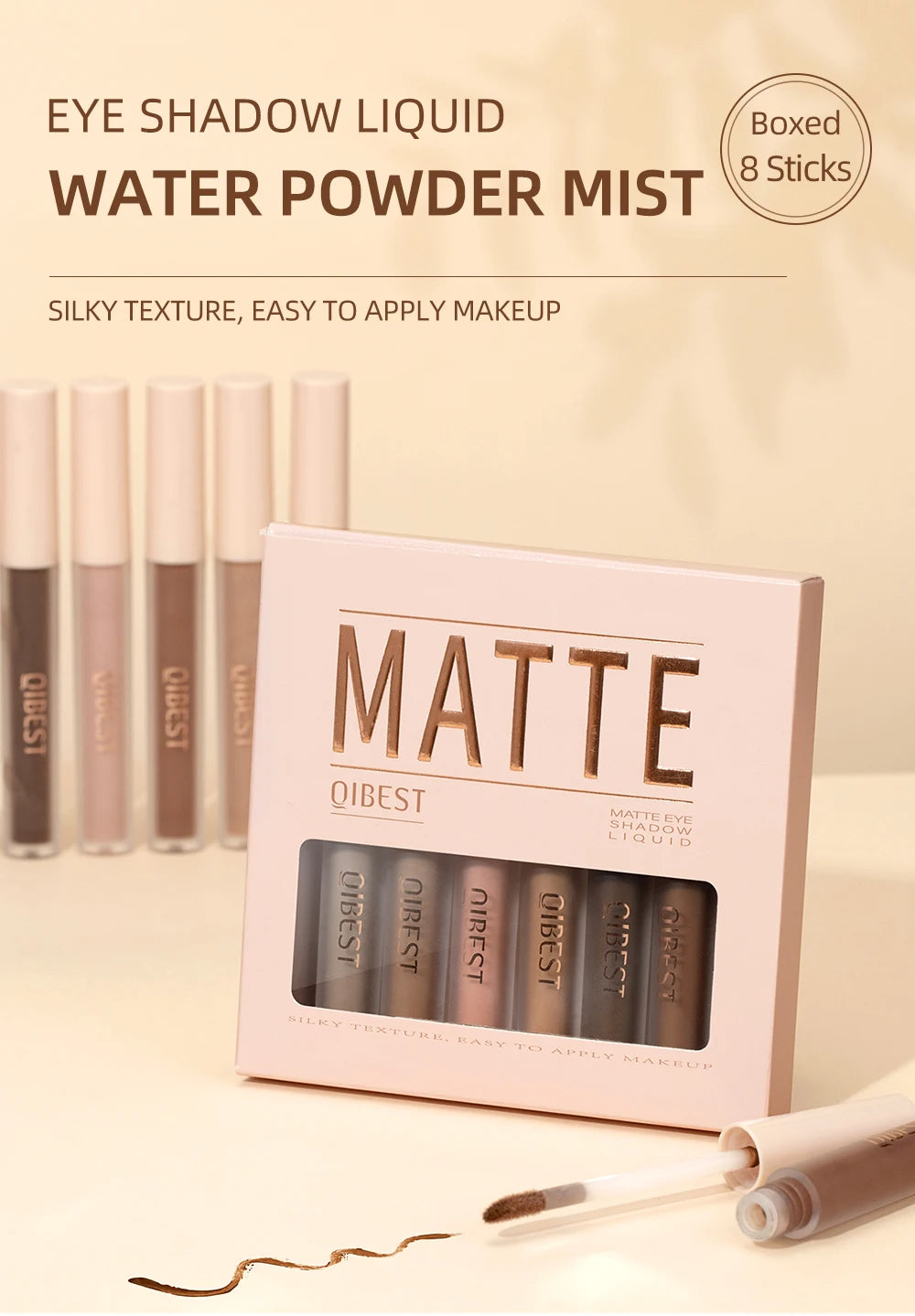 QIBEST 8 Color Matte Liquid Eyeshadow Set Long Lasting Waterproof Eye Shadows Quick-drying Nude White Eyeshadow Makeup Cosmetics