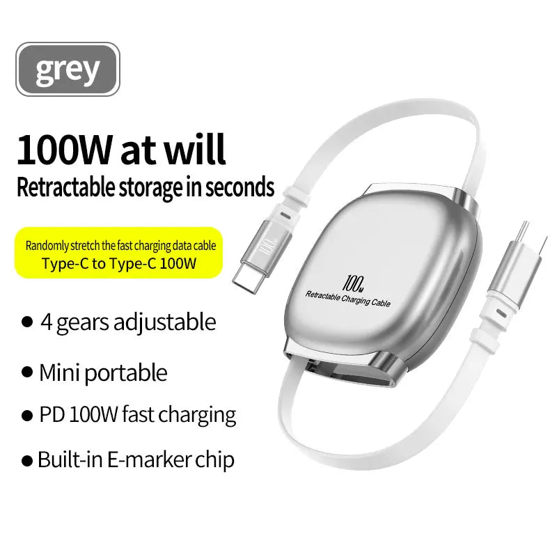 PD 100W Retractable USB-C Fast Charging Cable – iPhone & Android Compatible
