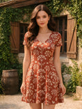 Womens Floral Print V Neck Short Sleeve A Line Dress Relaxed Fit Summer Mini Dress for Casual Outings Vacation Travel and Events