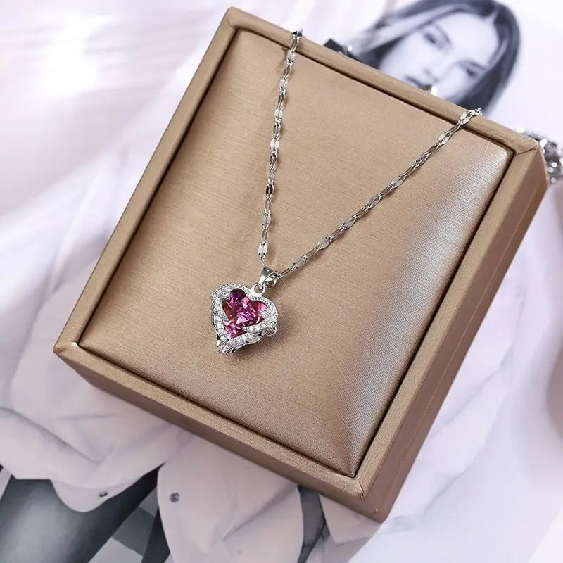 Top Luxury Colorful Crystal Ocean Heart Pendant Necklace For Women'S Trendy 316L Stainless Steel Jewelry Female Wedding Neck Chain