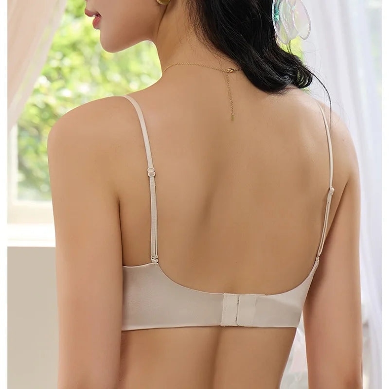 Birdtree 19MM 93% Silk 7% Spandex Solid Bra,Women Satin 3/4 Cup U-shaped Back Soft Breathable Sling Underwear A59124JF