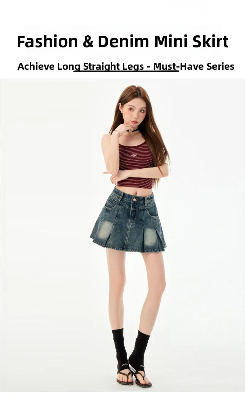 Trendy High Waist Pleated  Denim Skirt Women's Spring Summer New Lazy Style A-Line Half-length Jeans Skirts