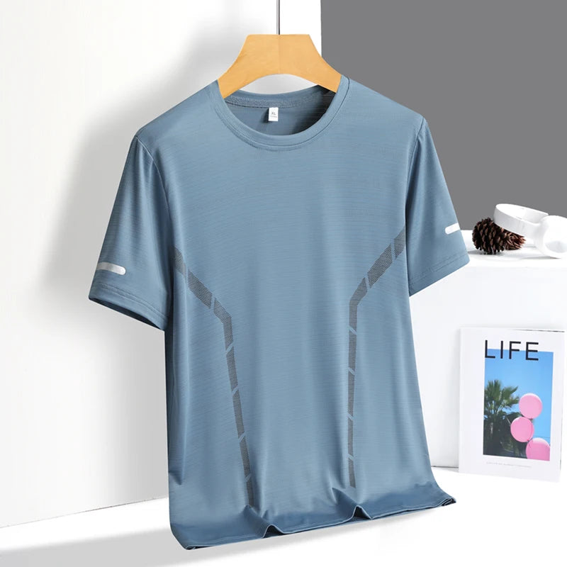 Running T-Shirt Men Summer Ice Silk Thin Top Reflective Printing Quick Dry Short Sleeve Breathable Fitness Sports T-Shirt 5Xl